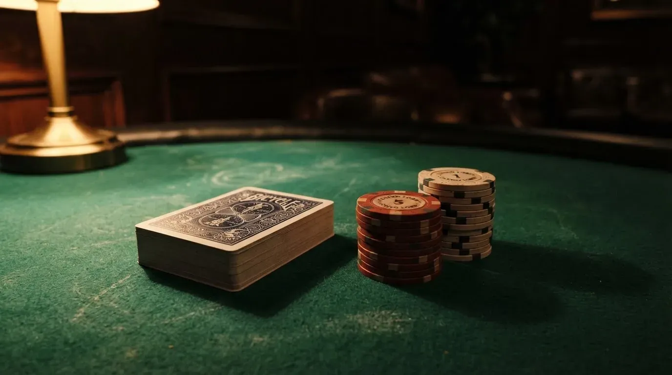 Kortlek och staplar av spelmarker på ett grönt filtbord i en dunkel salong, varmt lampsken — vinna på svenska casino
